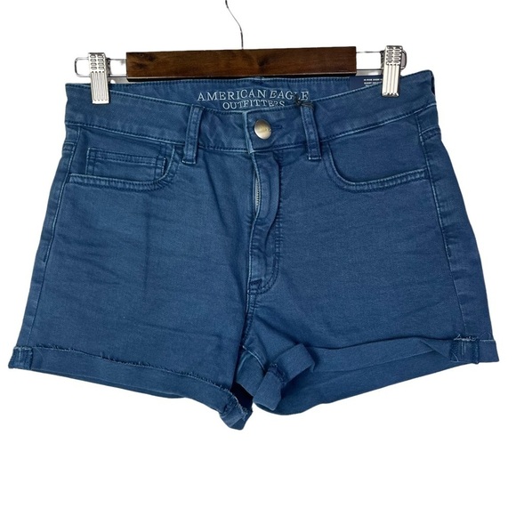 American Eagle AEO Dark Blue Hi-Rise Shortie Denim Shorts 6 - Picture 1 of 2